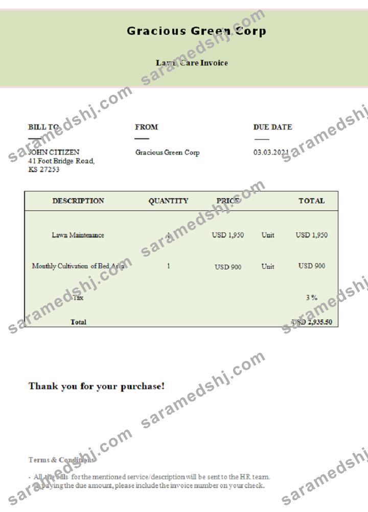 USA Gracious Green Corp invoice